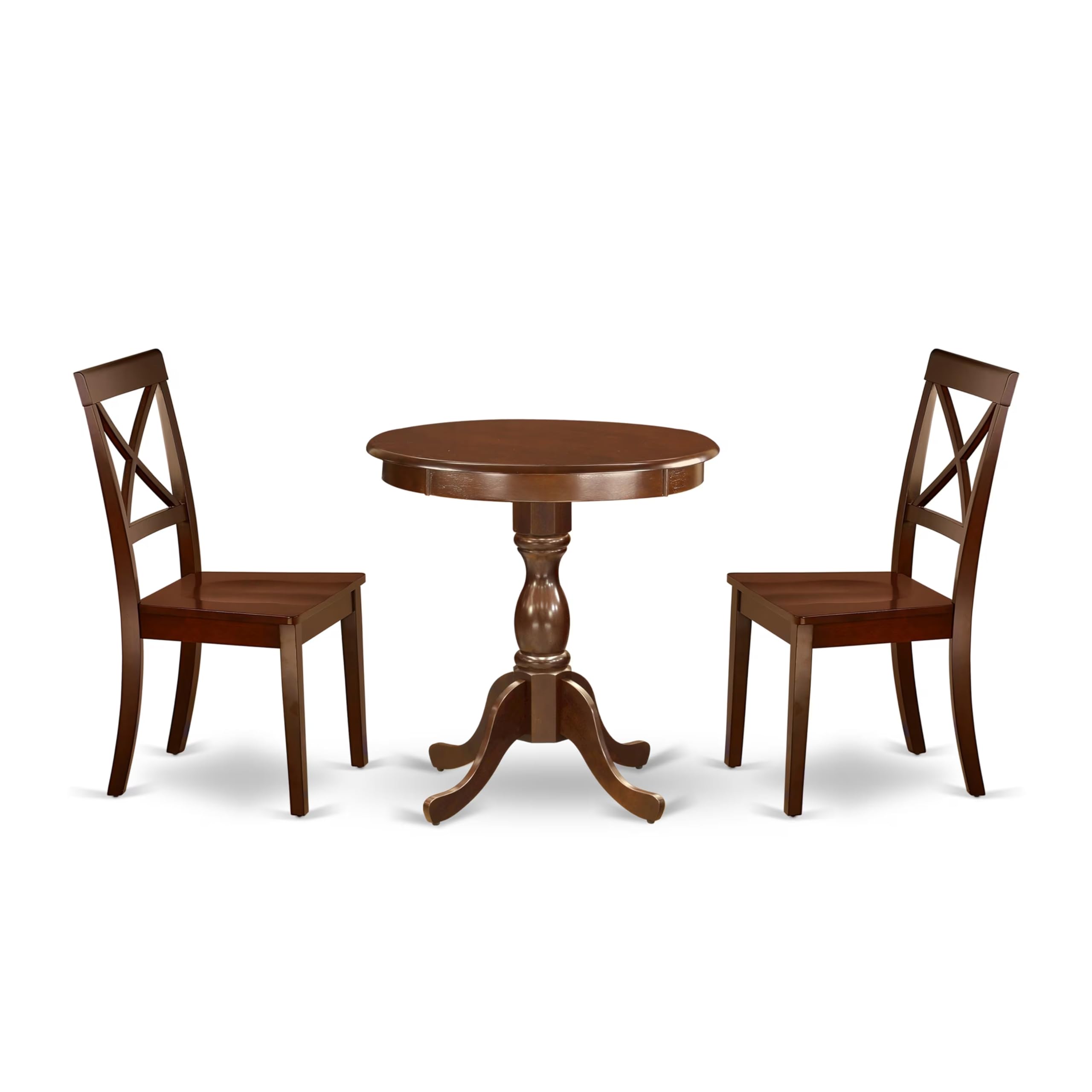 East West Furniture Esbo3-Mah-W 3 Piece Dining Room Table Set Contains A Round Kitchen Table With Pedestal And 2 Dining Chairs, 30X30 Inch, Mahogany